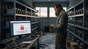 En el interior de un frío y desordenado almacén de minería de criptomonedas, un operario con mono de trabajo desgastado se lleva la mano a la cabeza con visible preocupación mientras habla por teléfono y consulta una tableta, rodeado de estanterías repletas de ruidosos equipos conectados por un enredo de cables. Sobre una mesa de trabajo en primer plano, la pantalla de un ordenador muestra un gráfico financiero interrumpido por un gran candado rojo y las advertencias «POOL SHUTDOWN - NOV 10» y «PENDING FUNDS UNDER REVIEW», evidenciando el impacto de un cierre inminente. La luz natural que entra por la puerta abierta revela un atardecer nublado, reforzando una atmósfera de incertidumbre, desamparo y urgencia en medio de la compleja transición de sus operaciones.