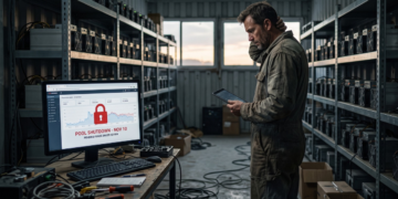 En el interior de un frío y desordenado almacén de minería de criptomonedas, un operario con mono de trabajo desgastado se lleva la mano a la cabeza con visible preocupación mientras habla por teléfono y consulta una tableta, rodeado de estanterías repletas de ruidosos equipos conectados por un enredo de cables. Sobre una mesa de trabajo en primer plano, la pantalla de un ordenador muestra un gráfico financiero interrumpido por un gran candado rojo y las advertencias «POOL SHUTDOWN - NOV 10» y «PENDING FUNDS UNDER REVIEW», evidenciando el impacto de un cierre inminente. La luz natural que entra por la puerta abierta revela un atardecer nublado, reforzando una atmósfera de incertidumbre, desamparo y urgencia en medio de la compleja transición de sus operaciones.