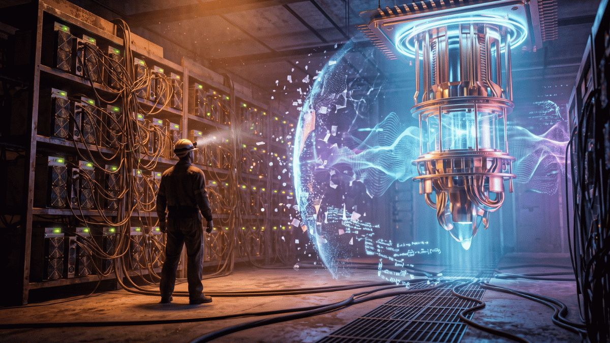 Una imagen conceptual en formato panorámico de 16:9 que muestra un contraste tecnológico entre la minería tradicional y la computación cuántica dentro de una instalación industrial sombría. A la izquierda, un minero con casco de seguridad observa filas de estantes metálicos repletos de equipos informáticos y cables conectados; a la derecha, destaca una imponente y brillante computadora cuántica suspendida, envuelta en un campo de fuerza o escudo protector semitransparente con destellos de luz azul y violeta. La escena carece por completo de texto o infografías, capturando una atmósfera tensa de transición, dilema y protección tecnológica futurista.
