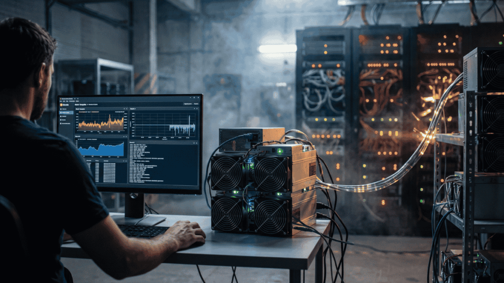 Un hombre operando equipos de minería de criptomonedas mientras revisa gráficos en su monitor dentro de un centro de datos industrial.