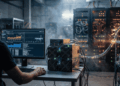 Un hombre operando equipos de minería de criptomonedas mientras revisa gráficos en su monitor dentro de un centro de datos industrial.