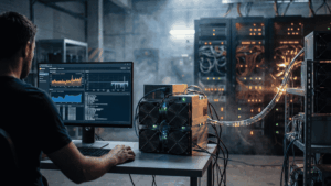 Un hombre operando equipos de minería de criptomonedas mientras revisa gráficos en su monitor dentro de un centro de datos industrial.