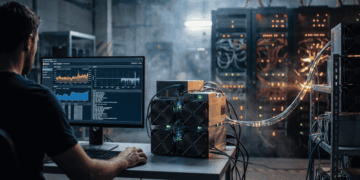 Un hombre operando equipos de minería de criptomonedas mientras revisa gráficos en su monitor dentro de un centro de datos industrial.