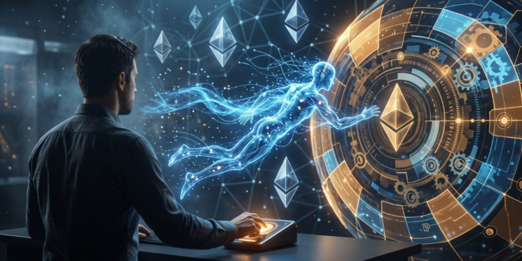 Un hombre interactúa con un entorno holográfico futurista donde una figura translúcida de energía azul, que representa a una inteligencia artificial, avanza hacia una imponente bóveda circular dorada. En el centro de esta compleja estructura de seguridad y flotando por el espacio oscuro se encuentran varios prismas del logo de Ethereum, ilustrando la conexión de un agente de IA operando contra los estrictos límites protectores de una wallet criptográfica.