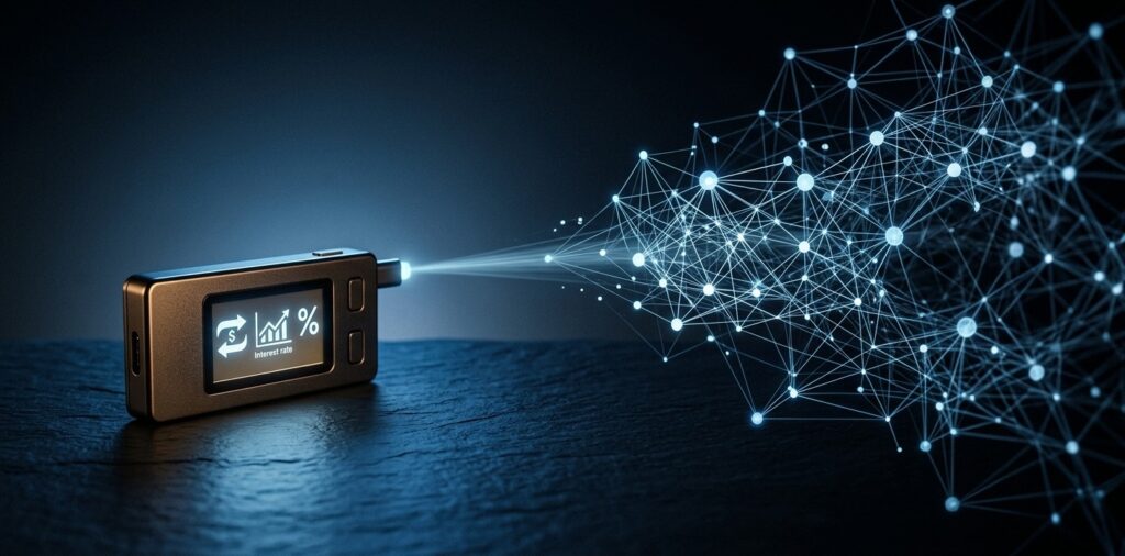 Hardware wallet iluminado conectado a estructura de nodos fría y difusa en fondo azul oscuro.