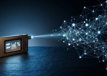 Hardware wallet iluminado conectado a estructura de nodos fría y difusa en fondo azul oscuro.