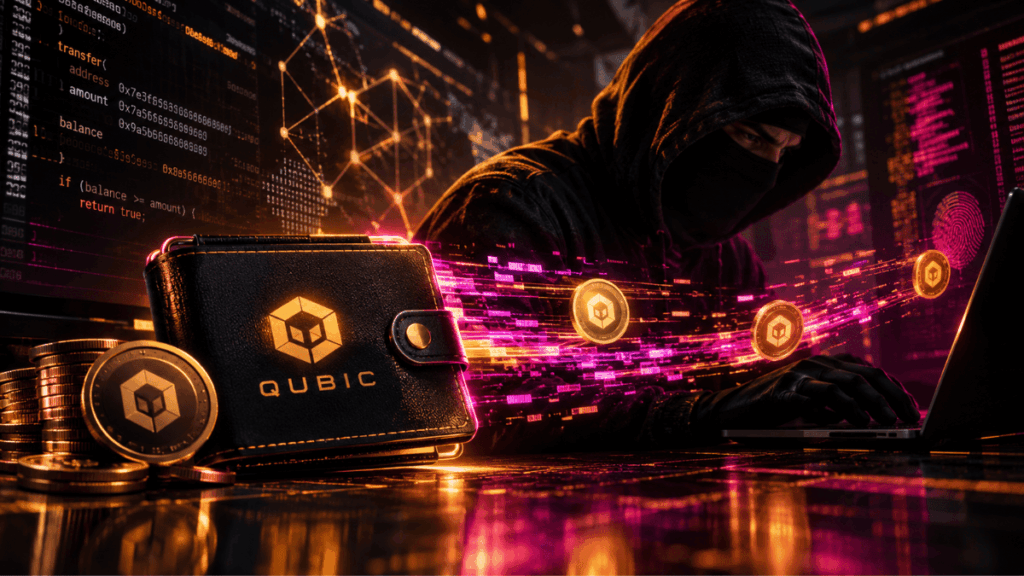 Hacker drenando criptomonedas QUBIC de una wallet de usuario.
