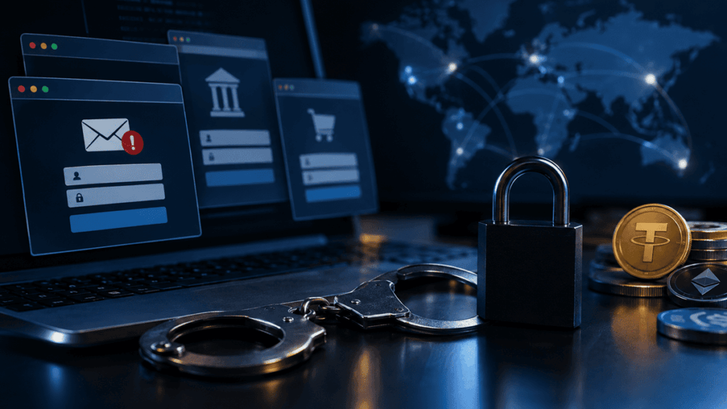 Portátil con pantallas de phishing, un candado, esposas y criptomonedas que representan la lucha contra las redes de ciberdelincuencia.