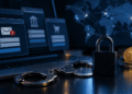 Portátil con pantallas de phishing, un candado, esposas y criptomonedas que representan la lucha contra las redes de ciberdelincuencia.