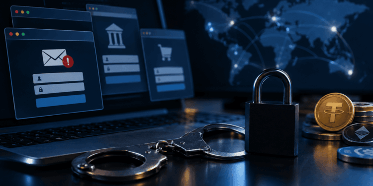 Portátil con pantallas de phishing, un candado, esposas y criptomonedas que representan la lucha contra las redes de ciberdelincuencia.