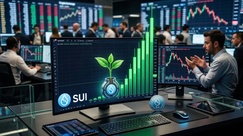 Una sola de trading con una pantalla que destaca el símbolo de SUI y velas verdes