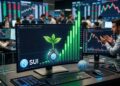 Una sola de trading con una pantalla que destaca el símbolo de SUI y velas verdes