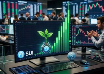 Una sola de trading con una pantalla que destaca el símbolo de SUI y velas verdes