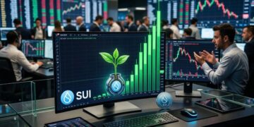 Una sola de trading con una pantalla que destaca el símbolo de SUI y velas verdes