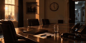 Tres sillas vacías en la sala de reuniones del Comité de Criptomonedas de la Casa Blanca. Sacks, Jung y Witt se fueron en siete meses. Nadie ocupó sus puestos. Fuente: CriptoNoticias / Imagen creada usando ChatGPT.