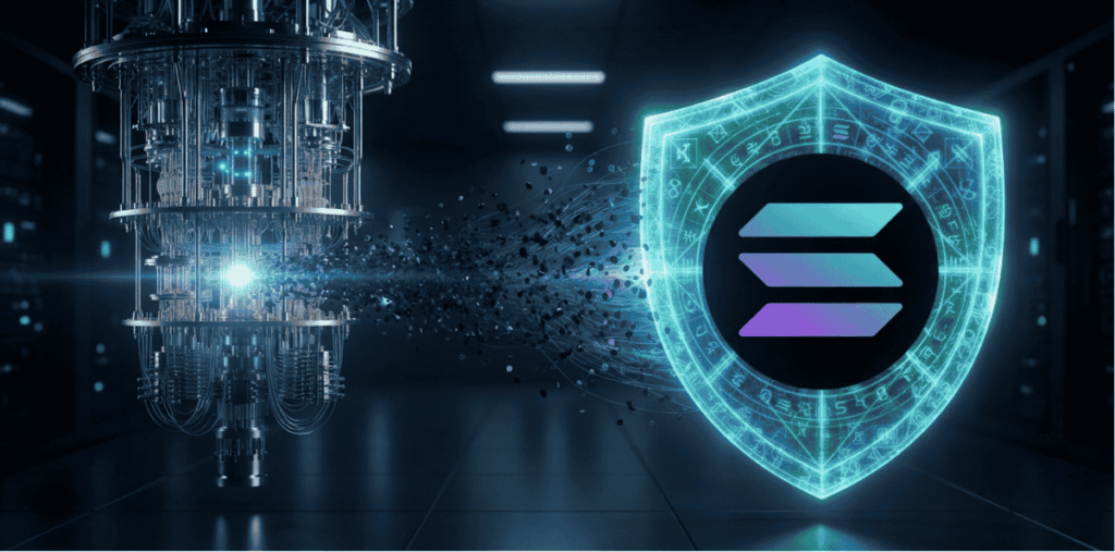 Una computadora cuántica y el logo de Solana con un escudo.