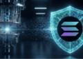 Una computadora cuántica y el logo de Solana con un escudo.