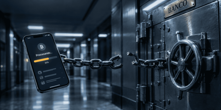 Una bóveda bancaria cerrada con una tableta en primer plano que muestra una app de criptomonedas en estado "procesando". Una cadena con un eslabón roto conecta el dispositivo con la puerta de la bóveda, que permanece cerrada. Al fondo, un pasillo bancario desenfocado.