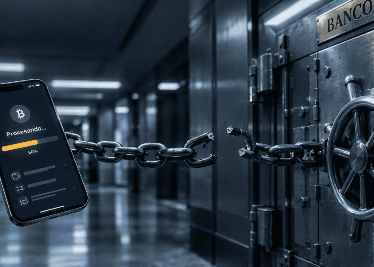 Una bóveda bancaria cerrada con una tableta en primer plano que muestra una app de criptomonedas en estado "procesando". Una cadena con un eslabón roto conecta el dispositivo con la puerta de la bóveda, que permanece cerrada. Al fondo, un pasillo bancario desenfocado.