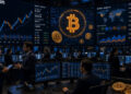 Centro financiero de Bitcoin con inversionistas operando.
