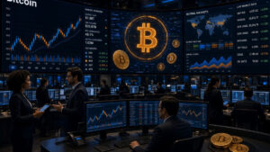 Centro financiero de Bitcoin con inversionistas operando.