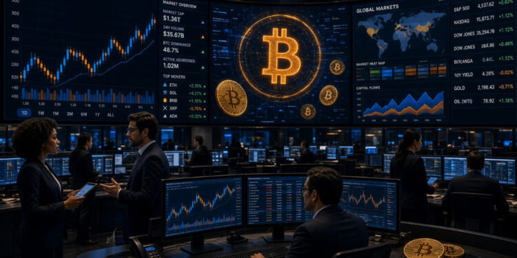 Centro financiero de Bitcoin con inversionistas operando.