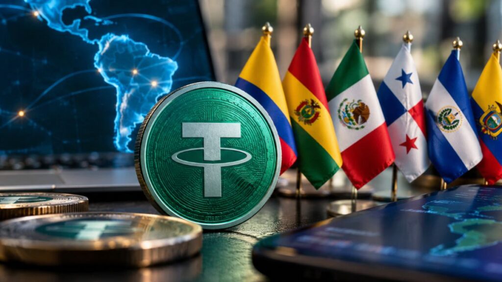 Moneda de USDT junto a banderas de países latinoamericanos, mapa digital de Sudamérica y dispositivos tecnológicos.
