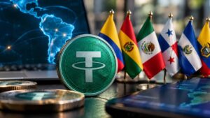 Moneda de USDT junto a banderas de países latinoamericanos, mapa digital de Sudamérica y dispositivos tecnológicos.