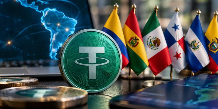 Moneda de USDT junto a banderas de países latinoamericanos, mapa digital de Sudamérica y dispositivos tecnológicos.