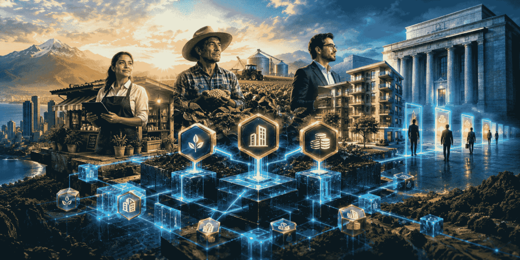 Ilustración editorial: tokens digitales sostienen una pyme, un campo de soja y un edificio, frente a un banco tradicional con acceso limitado.