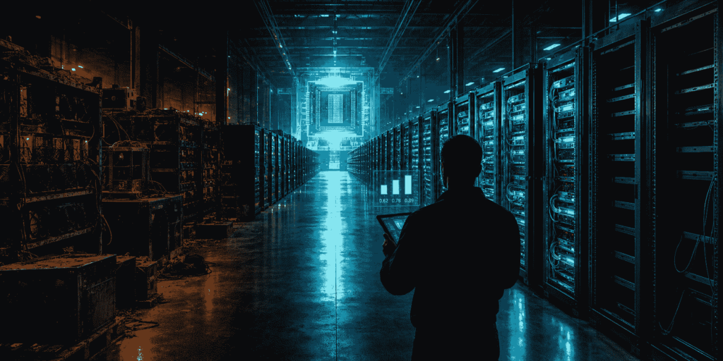 Centro de datos con fila de racks: algunos con GPUs iluminadas en teal, otros vacíos. Al fondo, un chip NVIDIA gigante. Un auditor mide la fila con una tablet. A la izquierda, equipos de minería de Bitcoin apagados en ámbar.