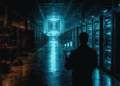 Centro de datos con fila de racks: algunos con GPUs iluminadas en teal, otros vacíos. Al fondo, un chip NVIDIA gigante. Un auditor mide la fila con una tablet. A la izquierda, equipos de minería de Bitcoin apagados en ámbar.