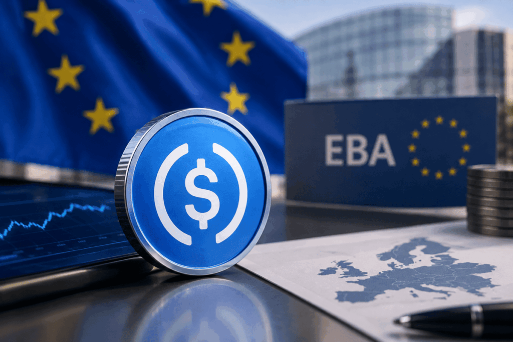 Moneda digital USDC junto a símbolos de la Unión Europea y documentos financieros sobre regulación de stablecoins.
