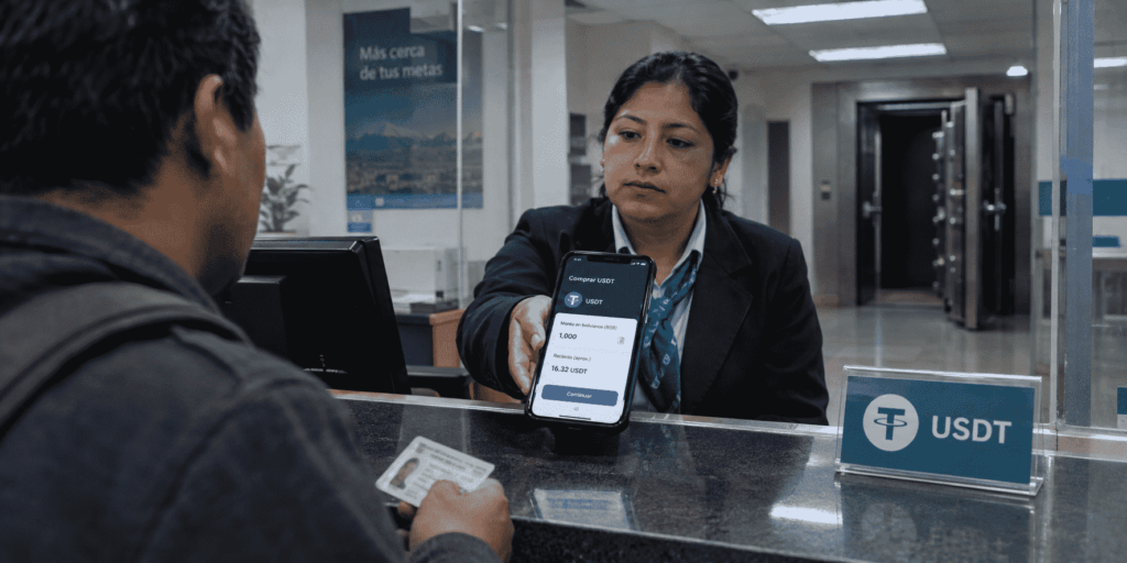 Un cajero bancario extiende un teléfono con la interfaz de compra de USDT a un cliente. Al fondo, una bóveda abierta y vacía. Ilustración: CriptoNoticias.