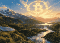 Paisaje latinoamericano al amanecer con represa, paneles solares, turbinas eólicas y un símbolo de Bitcoin formado por la luz del cielo.