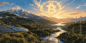 Paisaje latinoamericano al amanecer con represa, paneles solares, turbinas eólicas y un símbolo de Bitcoin formado por la luz del cielo.