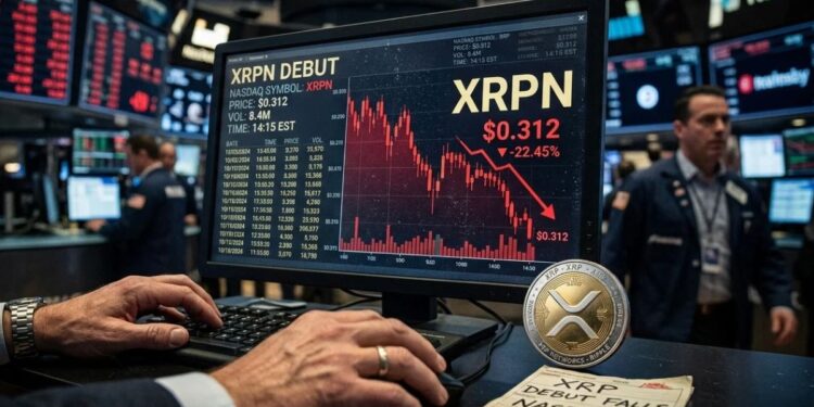 Pantalla de monitoreo bursátil en Nasdaq mostrando la caída del ticker XRPN tras su debut con gráfica descendente roja y moneda física de XRP.