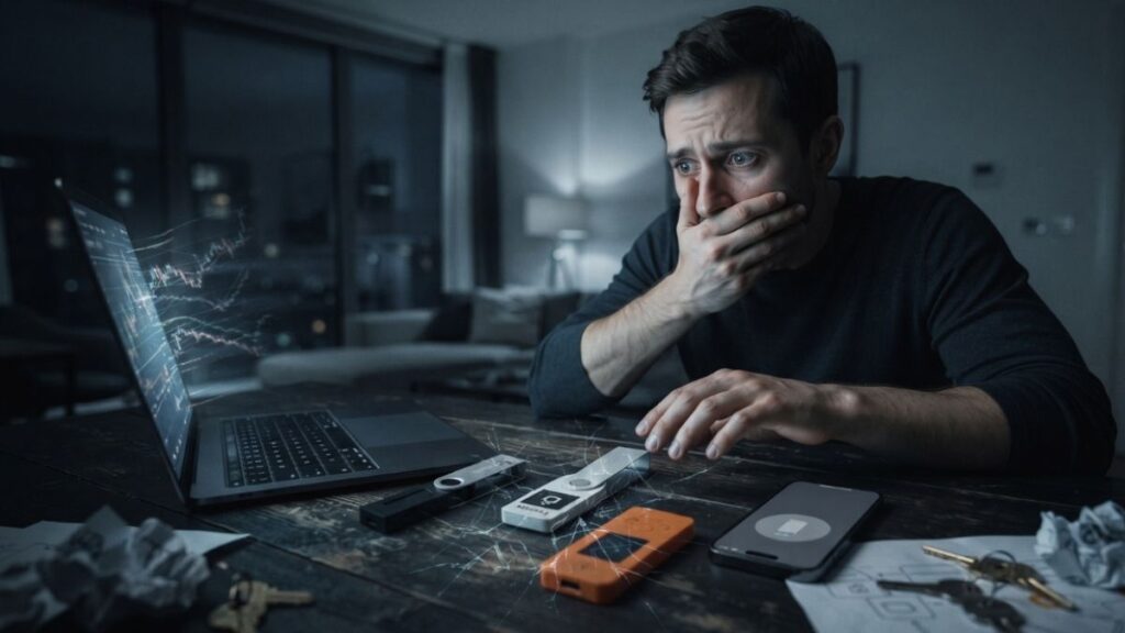 Un hombre asustado frente a una computadora y varias hardware wallets en su escritorio