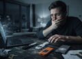 Un hombre asustado frente a una computadora y varias hardware wallets en su escritorio