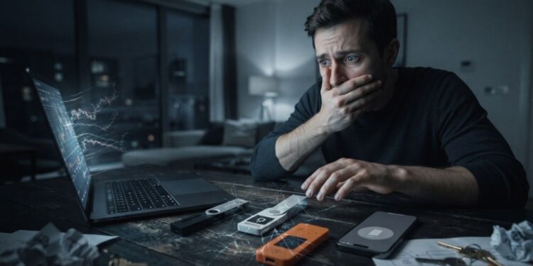 Un hombre asustado frente a una computadora y varias hardware wallets en su escritorio