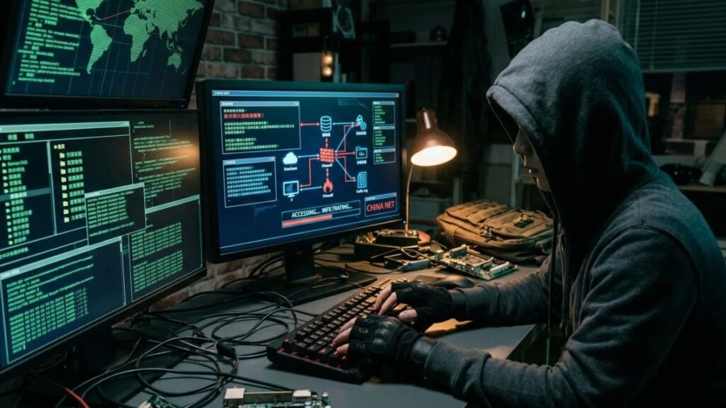 Un hacker con capucha trabaja frente a varios monitores con mapas globales y código de red en un ambiente en penumbra.