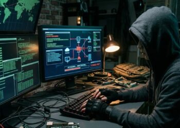 Un hacker con capucha trabaja frente a varios monitores con mapas globales y código de red en un ambiente en penumbra.