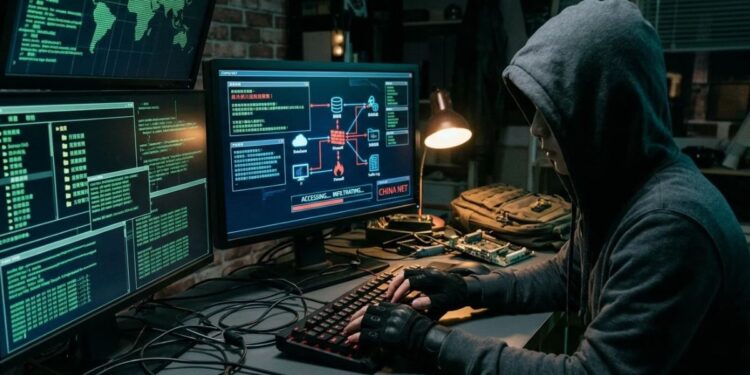 Un hacker con capucha trabaja frente a varios monitores con mapas globales y código de red en un ambiente en penumbra.