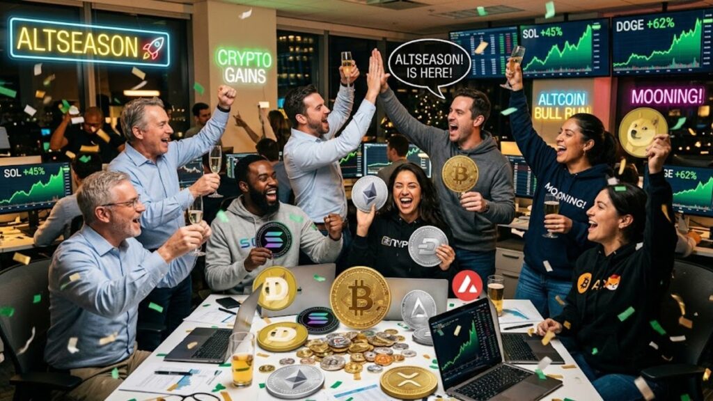 Inversores celebrando la altseason con criptomonedas alrededor.