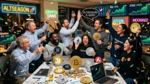 Inversores celebrando la altseason con criptomonedas alrededor.