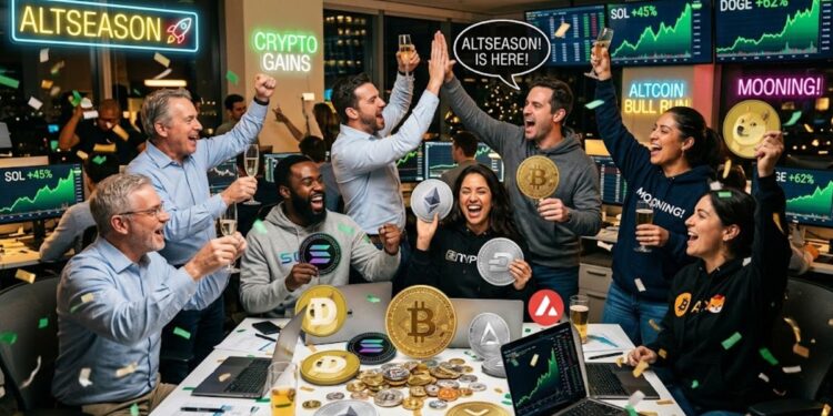 Inversores celebrando la altseason con criptomonedas alrededor.