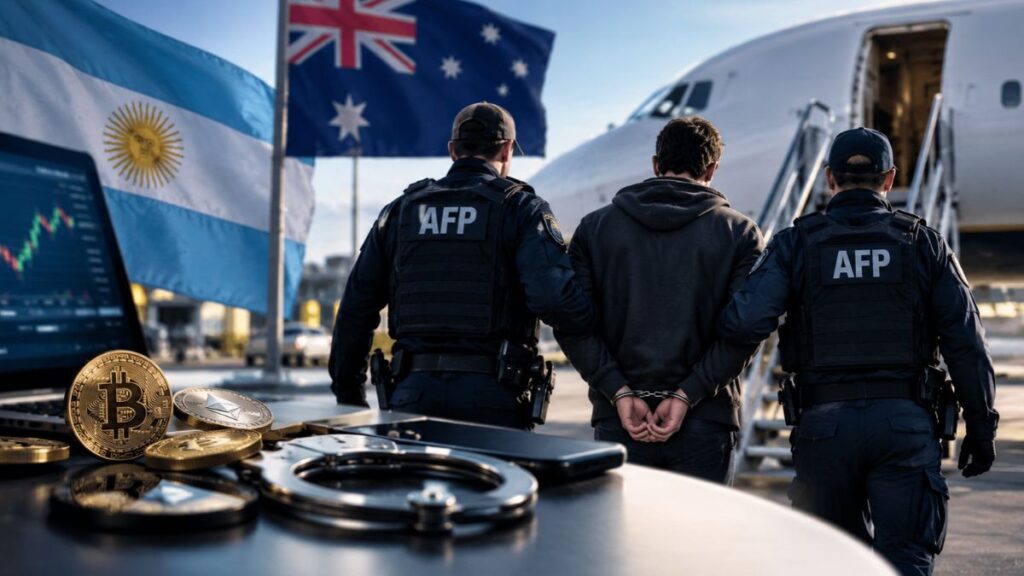 Agentes de la AFP escoltan a un detenidopospos en un aeropuerto hacia un avión, junto a banderas de Argentina y Australia y monedas de Bitcoin.