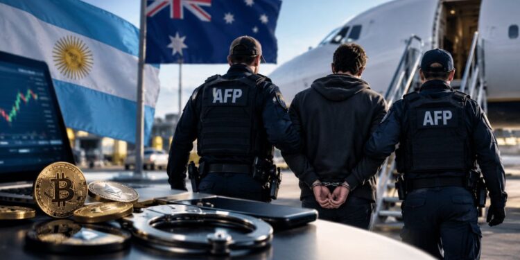 Agentes de la AFP escoltan a un detenidopospos en un aeropuerto hacia un avión, junto a banderas de Argentina y Australia y monedas de Bitcoin.