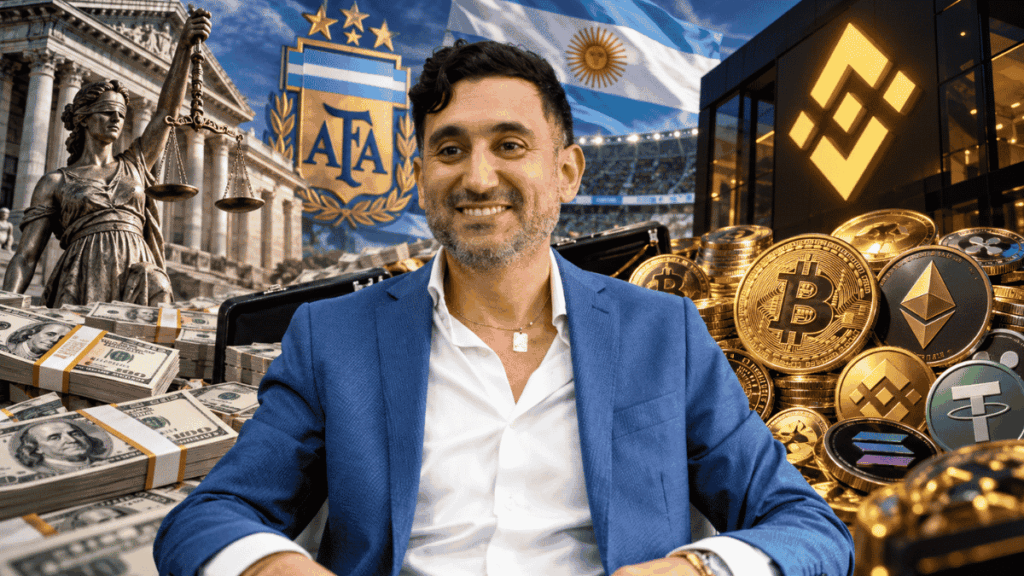 Ariel Vallejo en primer plano. En el fondo: billetes de dólares, logo de Binance, logo de la AFA e imagen representativa de la Justicia de Argentina.