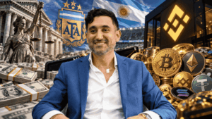 Ariel Vallejo en primer plano. En el fondo: billetes de dólares, logo de Binance, logo de la AFA e imagen representativa de la Justicia de Argentina.